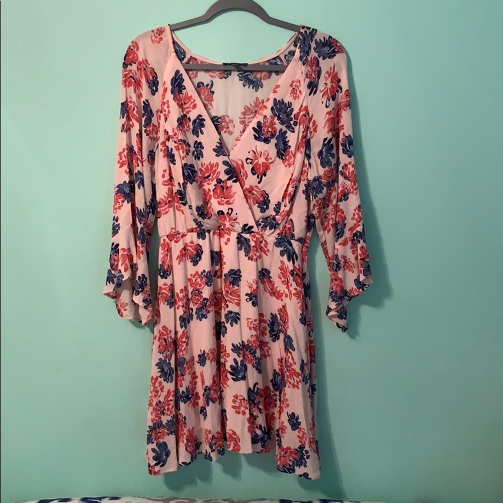 Floral Pink & Blue Bell Sleeved Dress